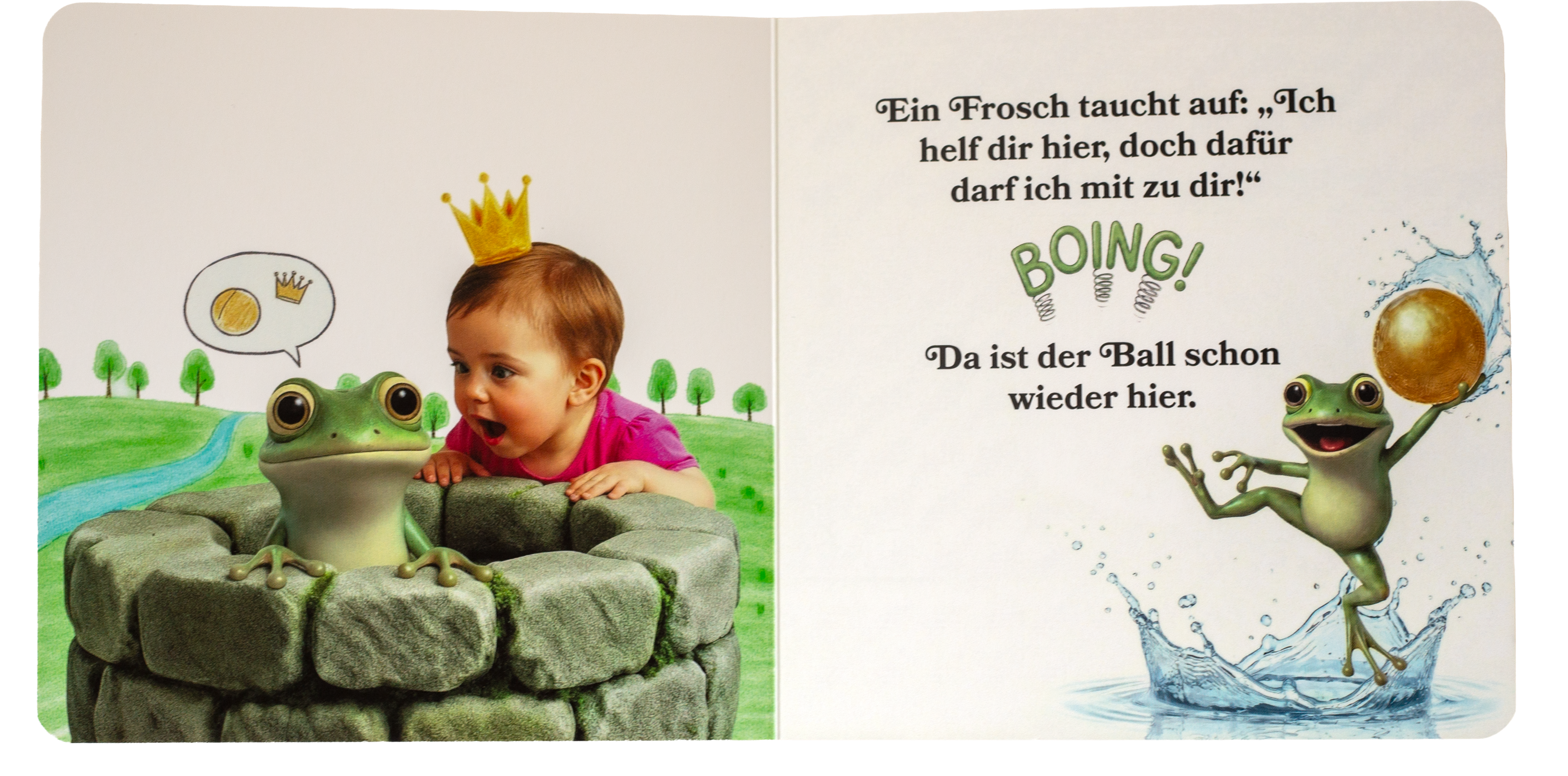 Geöffnetes Pappebuch Der Froschkönig mit klar gestalteter Doppelseite