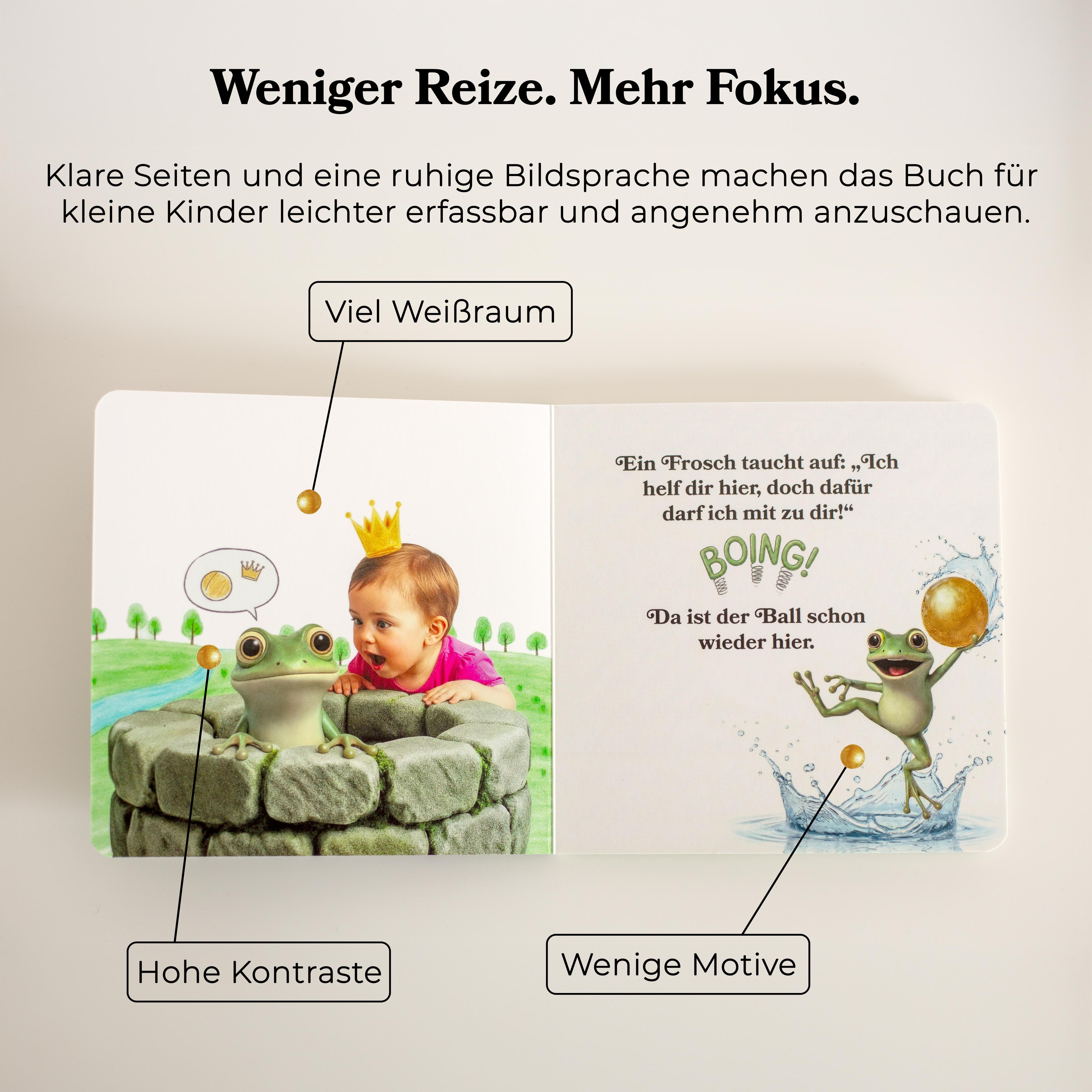 Produktdetail mit offener Buchseite, Weißraum und wenigen Motiven