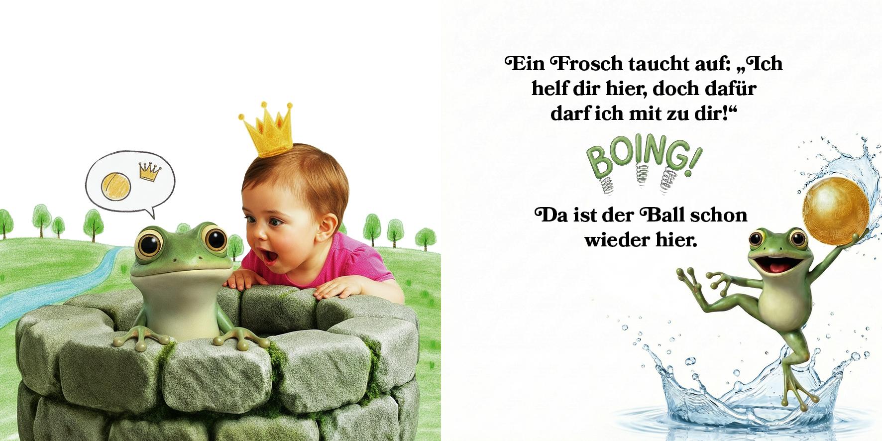 Doppelseite 3 und 4 aus Der Froschkönig mit Frosch am Brunnen